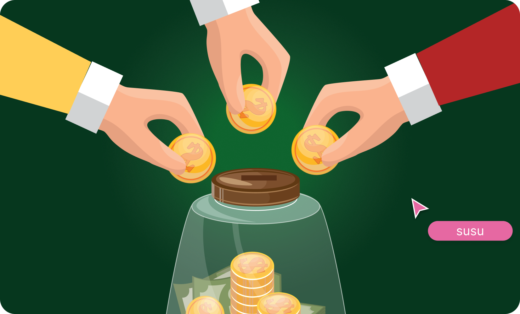 Community savings circle showing hands putting coins into a jar